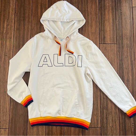 Aldi Gear Retro Hoodie Rainbow Trim Medium Pullover Sweatshirt White Logo Comfy - Picture 9 of 9